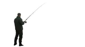 Fishing Enthusiast in Action A Man Casting His Line with Expertise Against a Blank Canvas png