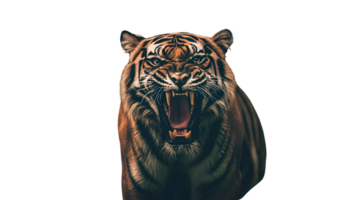 Fierce Tiger Roaring with Open Mouth Displaying Sharp Teeth and Intense Eyes on a Black Backgr png