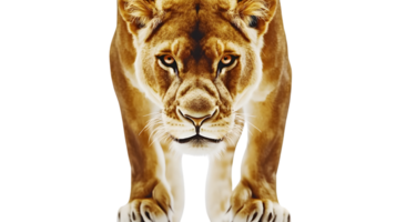 Fierce Predator in Focus A Detailed CloseUp of a Lionesss Intense Gaze and Powerful Stance f png