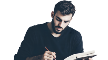 Focused Individual Writing in a Notebook with Concentration and Dedication png