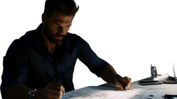 Focused Architect Working on Blueprints in a Dimly Lit Office Environment png