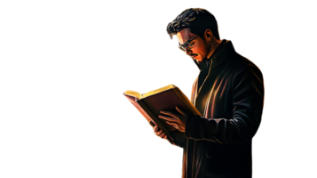 Illuminated Reader A Man Engrossed in a Book with Warm Light Highlighting His Features and Pag png