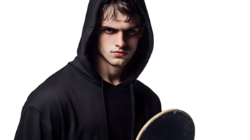 Intense Gaze of a Hooded Figure Holding a Skateboard Against a Dark Background png