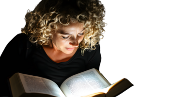 Illuminated Knowledge A Woman Engrossed in Reading a Book with Glowing Pages png