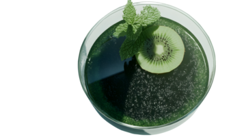 Fresh Green Smoothie with Kiwi Slice and Mint Leaves in a Glass Bowl png