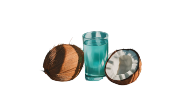 Refreshing Coconut Water with Whole and Halved Coconuts Ideal for Health and Wellness Content png