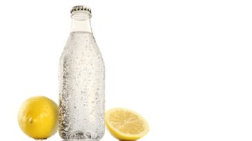 Refreshing Glass Bottle with Lemon Slices and Whole Fruit on a Black Background Ideal for Beve png
