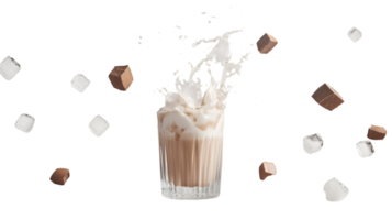 Refreshing Iced Beverage with Chocolate and Ice Cubes Splashing Around Perfect for Summer Drin png