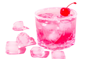Refreshing Pink Cocktail with Ice Cubes and Cherry Garnish in a Glass png