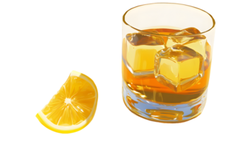 Refreshing Whiskey Glass with Ice Cubes and Lemon Slice Ideal for Beverage Ads Cocktail Recip png