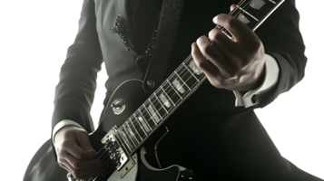 Musician in Formal Attire Playing Electric Guitar CloseUp of Hands on Fretboard and Strings png