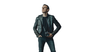 Photographer in Leather Jacket Holding Camera Capturing Moments with Style and Confidence png