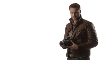 Photographer in Leather Jacket Holding a Camera Against a Black Background png