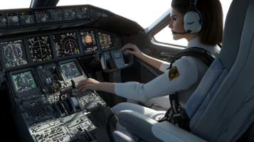 Pilot operating aircraft controls in cockpit png