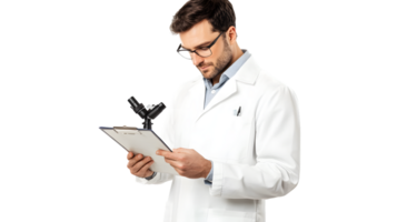 Scientist in Lab Coat Examining Microscope and Clipboard for Research and Analysis png