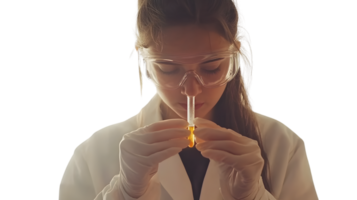 Scientist in Lab Coat Examining Test Tube with Precision and Focus png