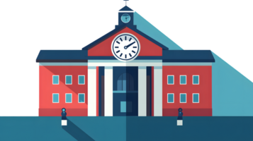 A clock tower on a classic building with two figures standing in front ideal for education ti png