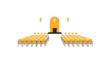 A grand event setup with rows of chairs and a central podium ideal for ceremonies or gathering png