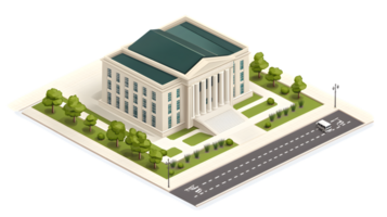 A grand institutional building with classical architecture surrounded by greenery and a road w png