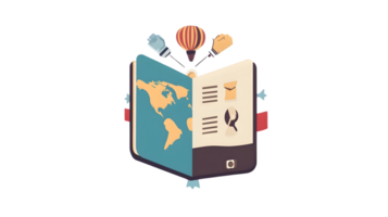 An open book with a world map travel icons and adventure elements floating above it png