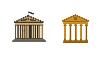 Classical Architecture Illustration with Golden Columns and Ornate Pediments png