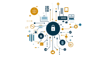 Cybersecurity Network Diagram Featuring Lock Icon Connected Devices and Data Protection Eleme png