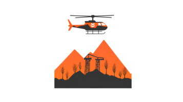 Helicopter Hovering Over Industrial Landscape with Mountains and Trees png