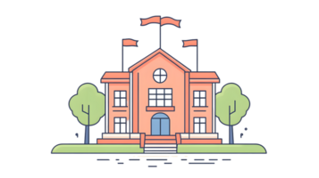 Illustrative depiction of a symmetrical structure with flags flanked by trees and greenery id png