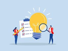 businessman analyze glowing lightbulb idea with magnifier checking and validate business viability feasibility study by market research to see possibility to success in real world vector