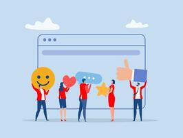 Customer feedback concept,woman use smart phone for Credit score or satisfaction measurement, customer satisfaction level emoji level. feedback star rating with good and bad emotions vector