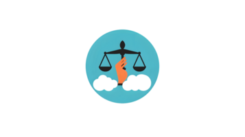 Justice and Balance Hand Supporting Scales with Clouds in a Teal Circle Design for Legal Fair png