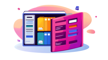 Illustrative depiction of a digital file cabinet with open folders showcasing organized data s png