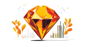 Vibrant Orange Gemstone with Abstract Elements and Data Visualization Icons png