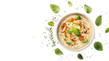 A creamy soup garnished with fresh herbs and spices surrounded by floating ingredients for a d png