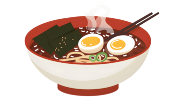 A steaming bowl of noodles with eggs vegetables and broth perfect for culinary and foodrela png
