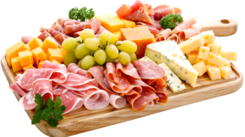 A delicious platter of assorted cured meats and cheeses with grapes png