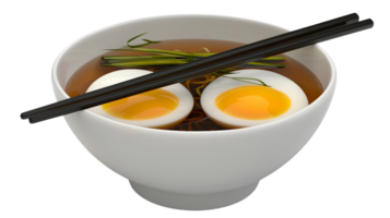 A steaming bowl of ramen with softboiled eggs green onions and chopsticks ready to enjoy png