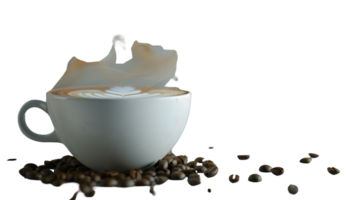 A steaming cup of coffee with latte art surrounded by coffee beans perfect for culinary and be png