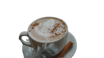Delicious Cappuccino with Artistic Latte Design and Cinnamon Stick on a White Saucer png