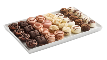 Delicious Assorted Confections on a White Plate A Tempting Display of Chocolate Macarons and png