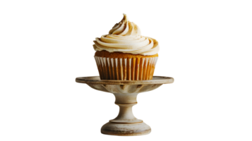 Delicious Cupcake on a Ceramic Stand with Whipped Frosting and Cinnamon Sprinkles png