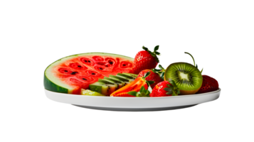 Fresh Fruit Platter with Sliced Watermelon Strawberries and Kiwi on a White Plate png