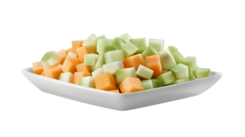 Freshly Cut Melon Cubes on a White Plate A Vibrant and Healthy Snack Option for Culinary Creat png
