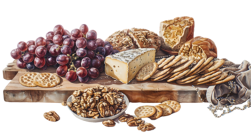 Gourmet Cheese Board with Grapes Crackers and Nuts Perfect for Food Blog Menu or Recipe png