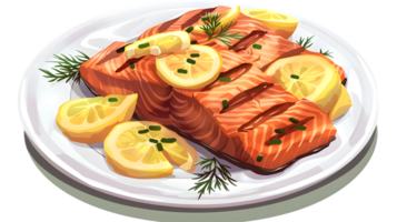 Grilled Salmon with Lemon and Dill on a Plate png