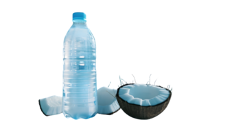 Refreshing Beverage and Natural Hydration Source A Plastic Water Bottle and Coconut Halves on png