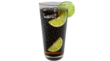 Refreshing Carbonated Beverage with Lime Slices and Ice Cubes in a Tall Glass png