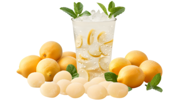 Refreshing Citrus Beverage with Ice and Mint Surrounded by Lemons and Tapioca Pearls png