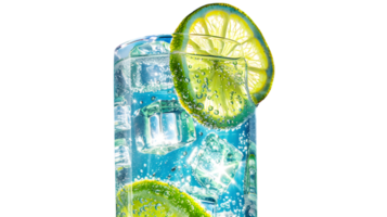 Refreshing Citrus Beverage with Ice Cubes and Lime Slices in a Glass Perfect for Summer Drinks png