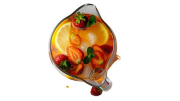 Refreshing Fruit Infused Beverage in a Glass Pitcher with Ice Lemon Slices Strawberries and png